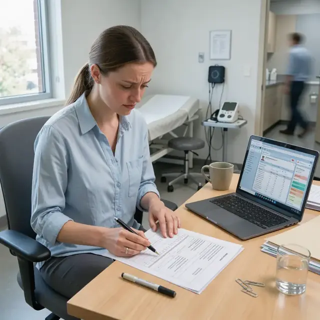 a clinician seated at a desk reviewing printed treatment plan pages with a pen while a laptop displays the electronic health record