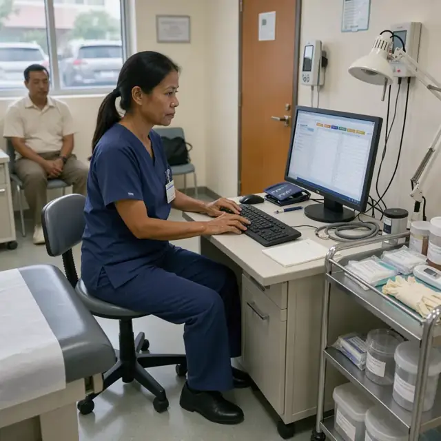 a medical assistant typing on a computer workstation in an exam room with an open electronic health record on the screen