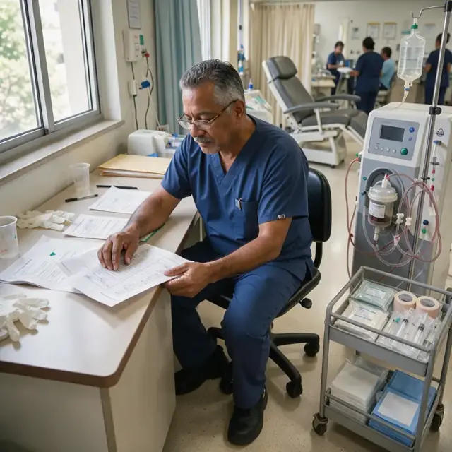 a nurse sitting at a station desk reviewing printed lab reports next to a dialysis machine with tubing and supplies