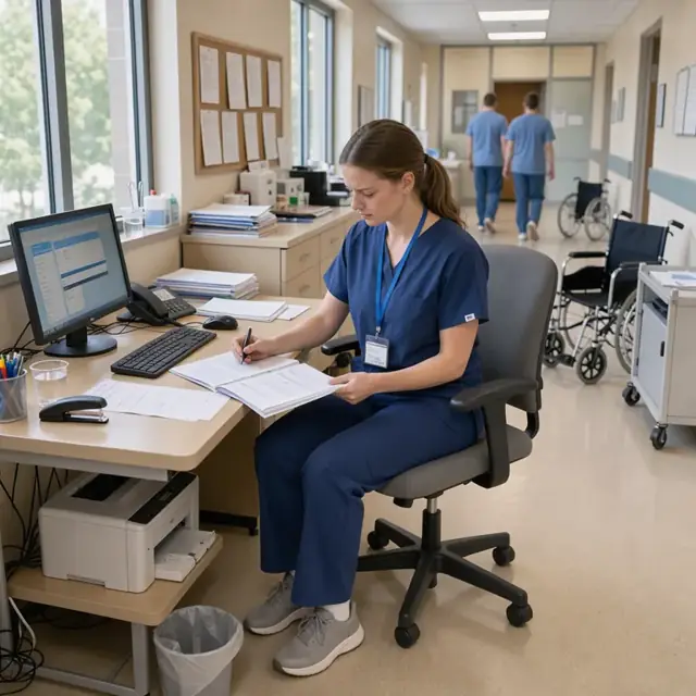 a nurse at a workstation reviewing a patient chart and preparing discharge paperwork in a quiet administrative area of a medical center
