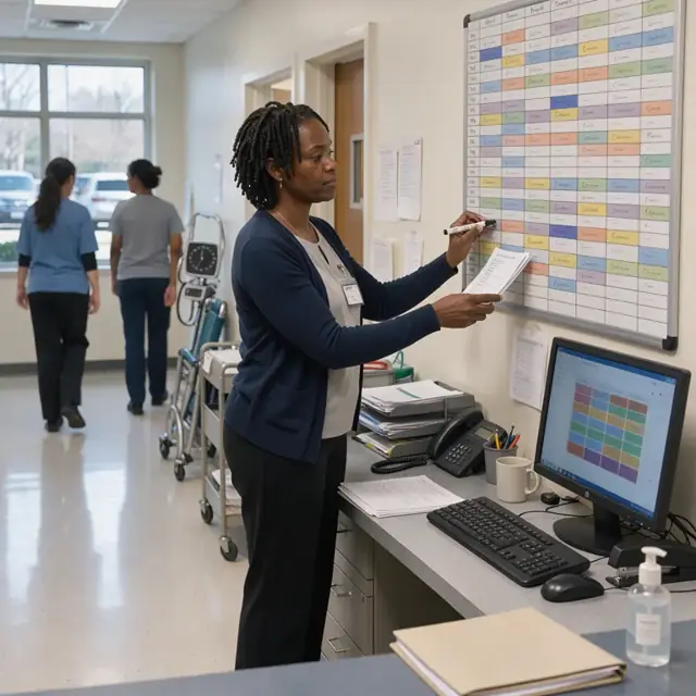 a clinic administrator updating a wall schedule board beside a computer showing provider availability