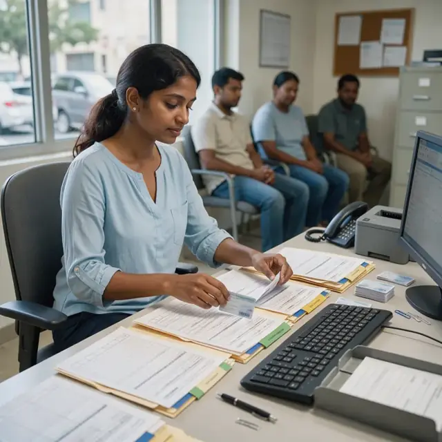 a billing clerk at a desk organizing printed encounter forms and insurance cards into labeled folders
