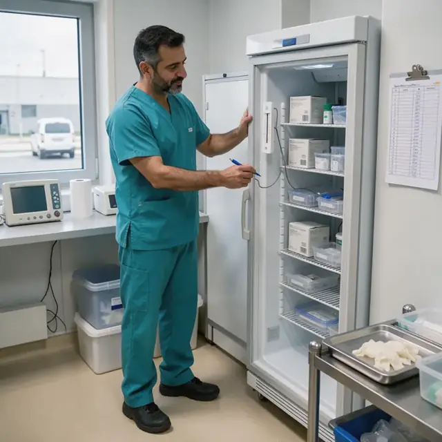 a healthcare worker in scrubs checking a medical refrigerator thermometer and recording the reading on a wall-mounted log sheet