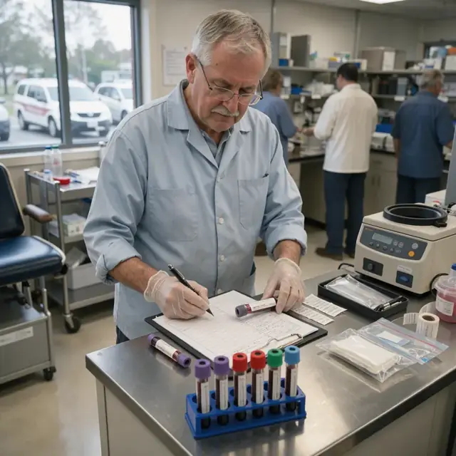 a technician labeling blood collection tubes and completing a lab requisition form at a specimen processing station