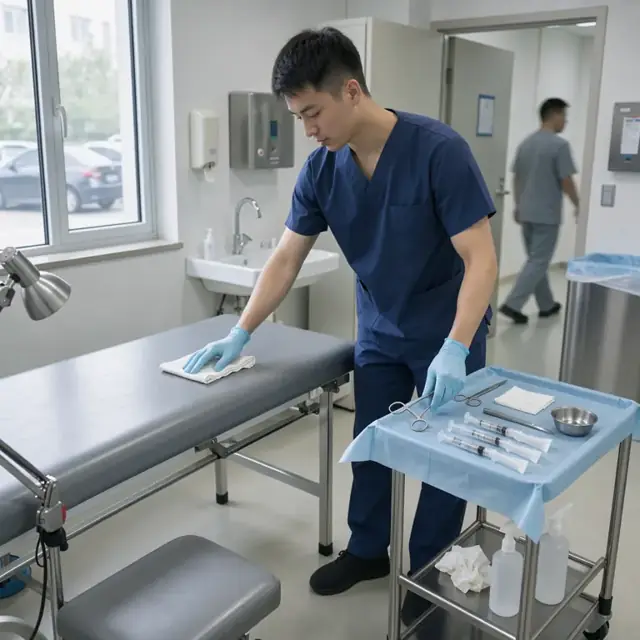 a medical assistant wiping down an exam table and laying out sterile instruments on a draped tray in a procedure room