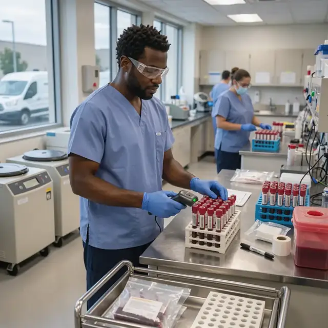 a lab technician in gloves scanning barcoded blood tubes at a processing bench lined with centrifuges and aliquot racks