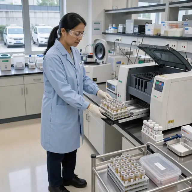 a medical technologist loading specimen racks into an automated chemistry analyzer in a brightly lit laboratory with control vials nearby