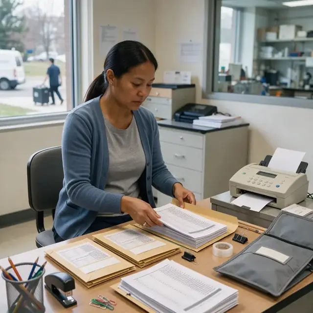 a laboratory administrative worker at a desk organizing printed reports into secure envelopes for courier pickup beside a fax machine