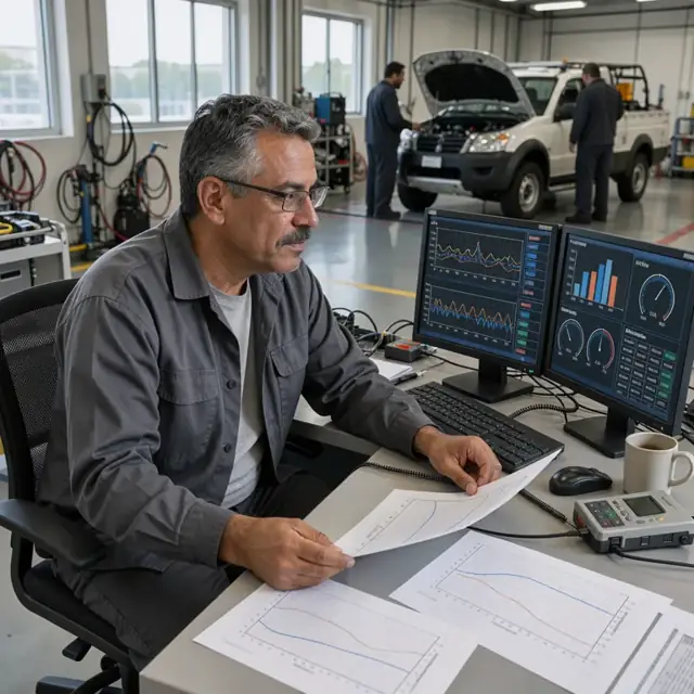 a technologist seated at a computer workstation reviewing test results on dual monitors with printed analyzer graphs on the desk