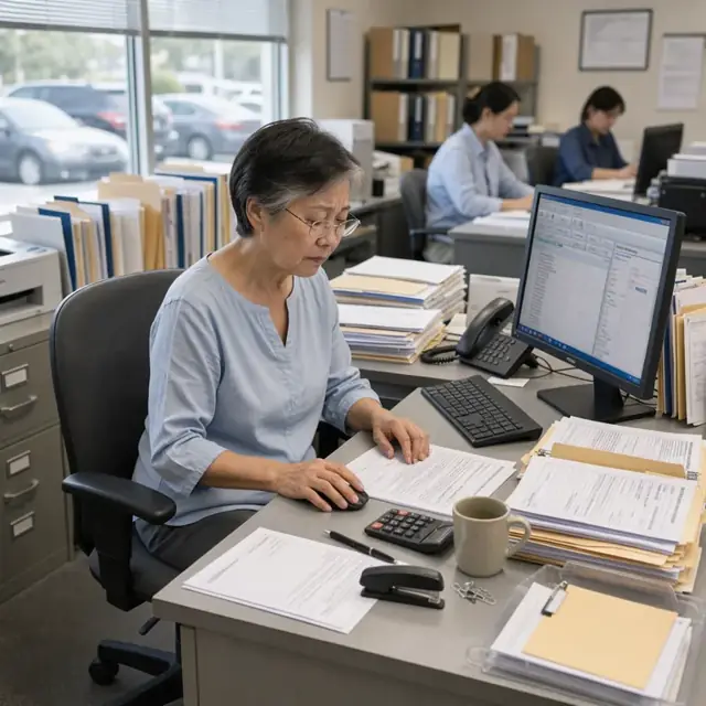 a billing clerk at a desk reviewing insurance forms and medical charts on a computer with stacks of explanation of benefits documents nearby