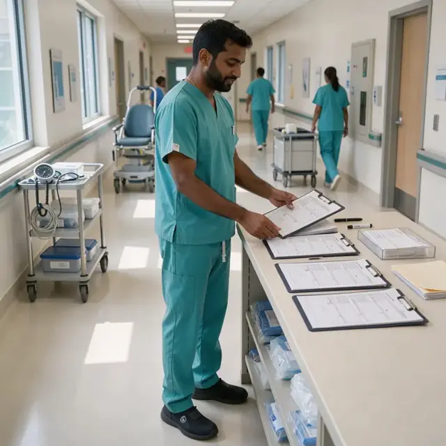 a healthcare worker in scrubs standing at a counter organizing clipboards with daily safety checklists and equipment maintenance logs in a clean clinical hallway