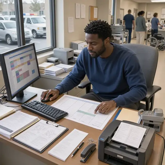 a scheduler sitting at a desk reviewing a computer screen and printed schedule while preparing patient instruction sheets