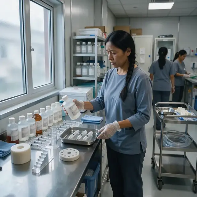 a medical supply room with shelves of contrast media bottles, syringes and calibration phantoms arranged on a stainless steel counter