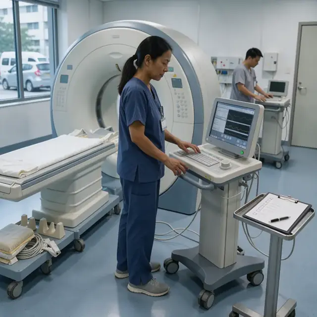 a technologist standing beside an MRI machine preparing the control console with a checklist on a nearby stand