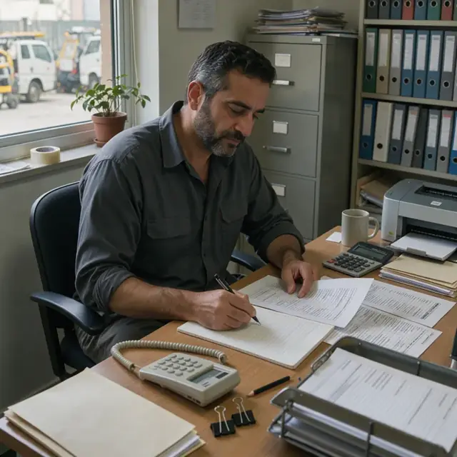 a worker reviewing printed visit summaries and preparing notes at an office desk with a telephone