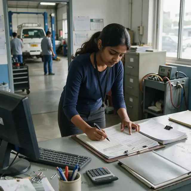 a worker checking dates on a set of certification documents clipped to a board at an office desk