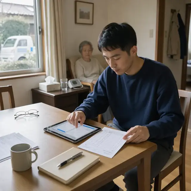a worker at a dining table in a residence entering data from a paper care plan into a tablet computer