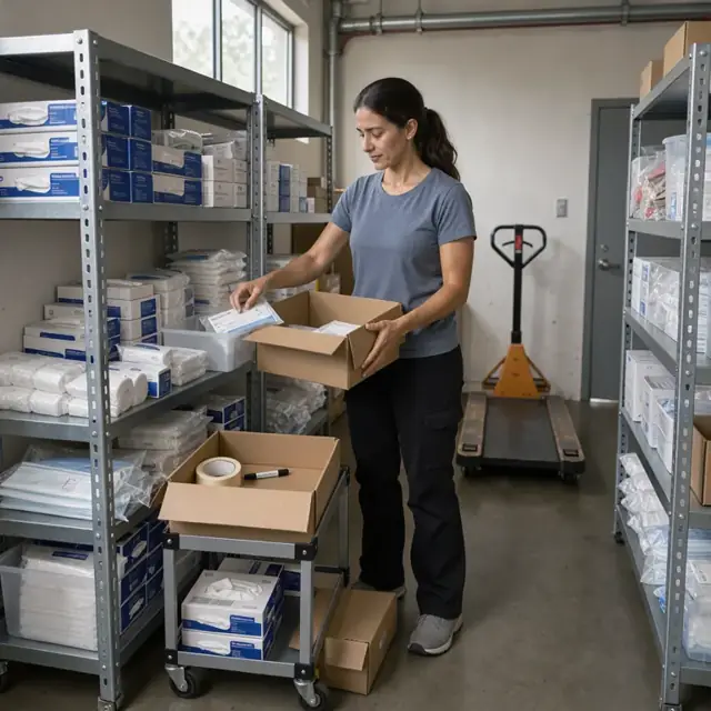 a worker organizing boxes of medical gloves, wound dressings and other supplies on metal shelves in a storage room