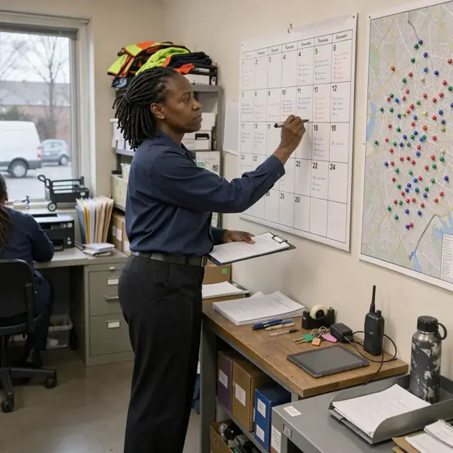 a worker marking appointment times on a large wall calendar beside a map with marked home locations