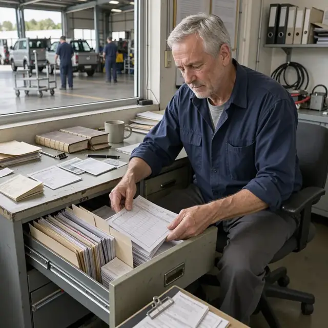 a coordinator at a desk organizing stacks of vehicle inspection forms, crew certification cards and logbooks in a file cabinet