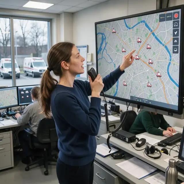 a dispatcher pointing at a large wall-mounted digital map while speaking into a radio microphone with several ambulance icons visible on the screen