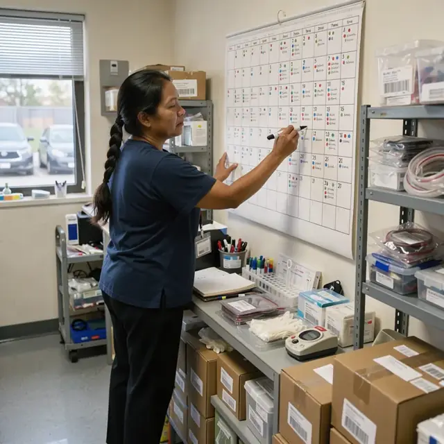 a coordinator marking appointments on a large wall calendar in a blood center office surrounded by phlebotomy supply boxes