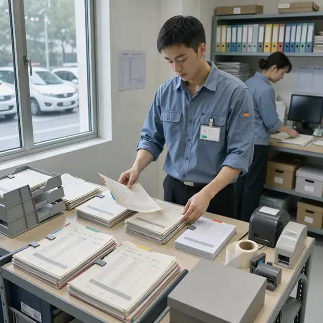 a technician organizing stacks of labeled blood unit records and temperature log printouts at a filing station in a quality assurance office