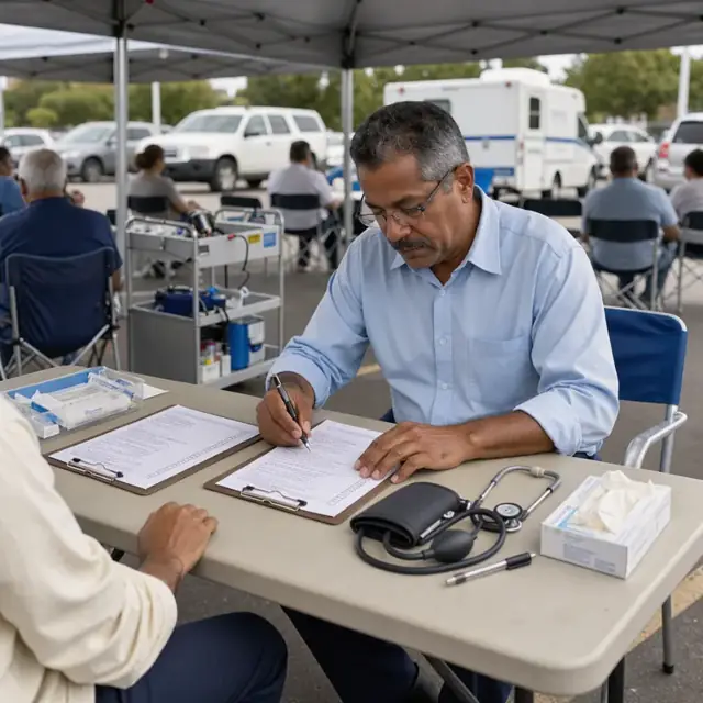 a medical technician reviewing a completed donor history questionnaire at a registration desk with clipboards and a blood pressure cuff nearby