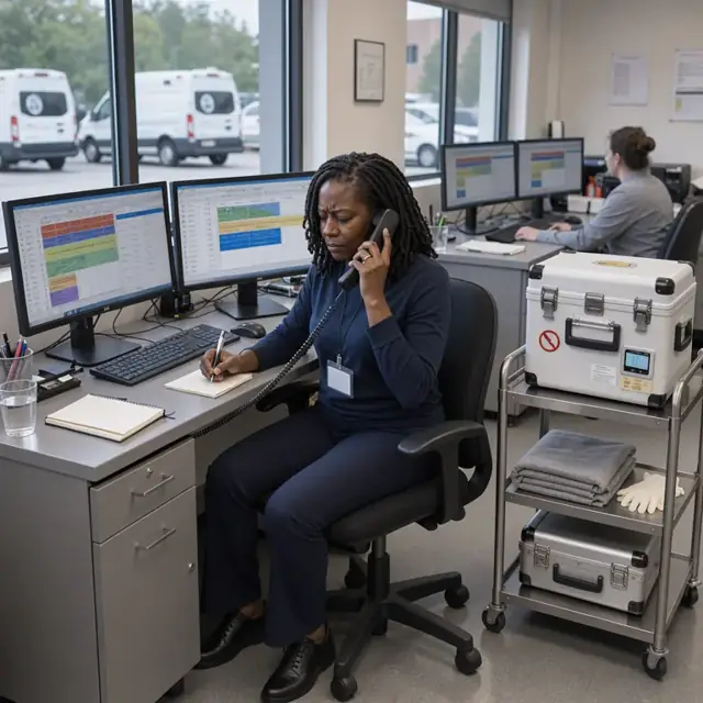 a coordinator on the phone at a desk with multiple computer monitors while an organ transport cooler sits ready on a nearby cart