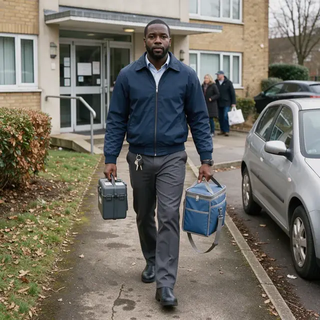 a medical technician carrying a portable phlebotomy kit and cooler bag while approaching the entrance of a residential building