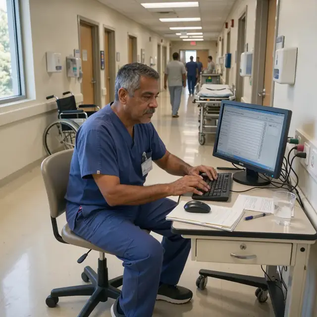 a nurse sitting at a hallway workstation typing details into an electronic incident report form on a secure terminal