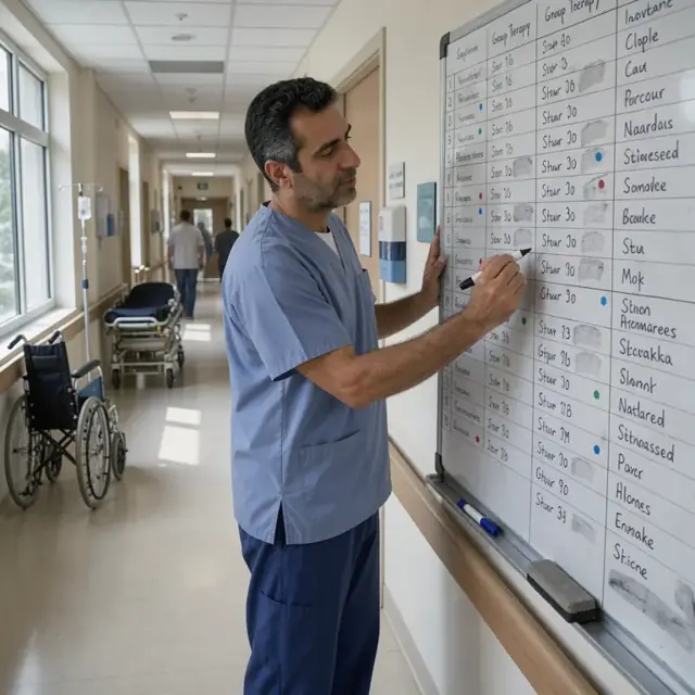 a clinician updating a large dry-erase board showing patient names, group therapy times and staff assignments in a hospital hallway