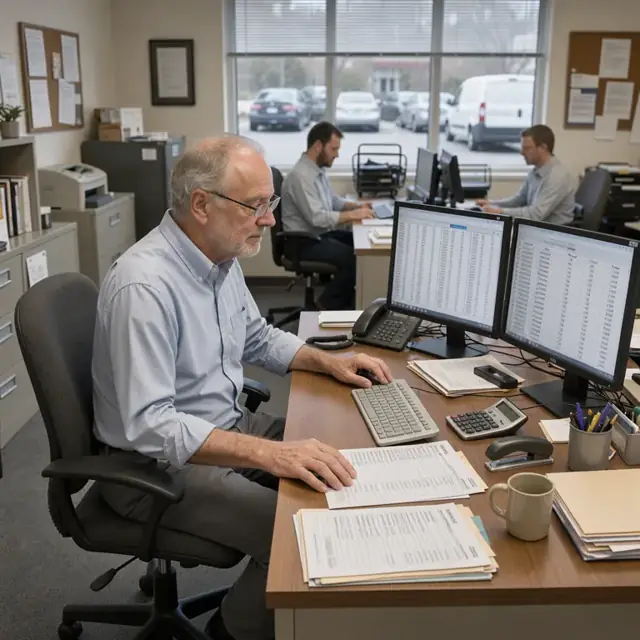 a billing office desk with dual monitors showing procedure code lists next to a spreadsheet of daily case charges