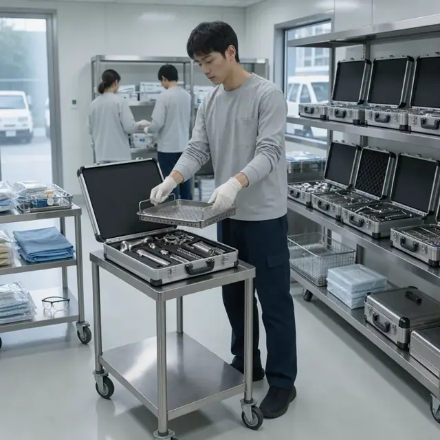 a sterile supply room with open cases of orthopedic implants and trays arranged on stainless steel shelving