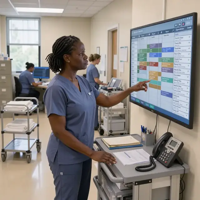 a wall-mounted digital scheduling board in a surgical services office showing operating room times and case details