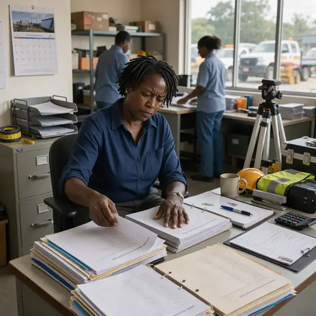 a worker at a desk organizing stacks of regulatory logs and survey preparation binders in an office with a calendar on the wall