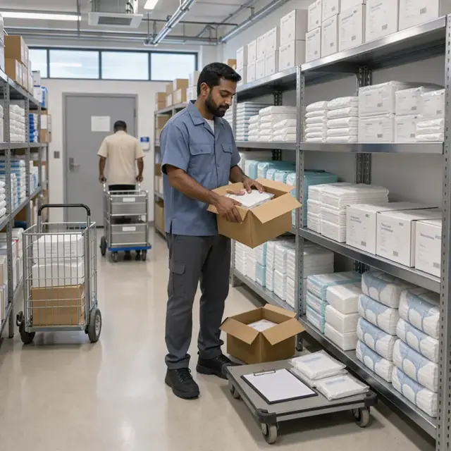 a worker counting boxes of wound dressings and incontinence products on metal shelves inside a brightly lit central supply room