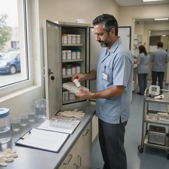 a staff member organizing medication in a locked cabinet with pill organizers, water cups and documentation sheets on the counter