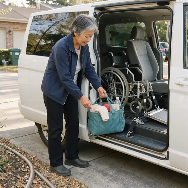 a staff member checking a van interior with wheelchair tie-downs and loading a resident activity bag beside an open side door in a residential driveway