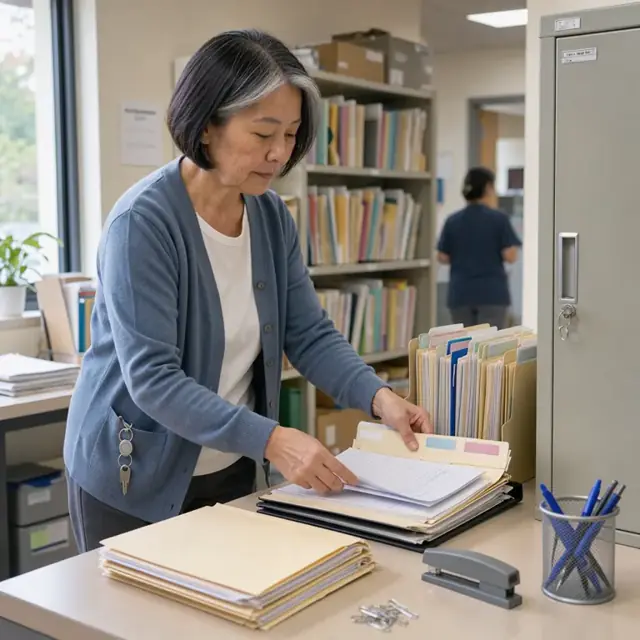 a staff member organizing resident charts and progress notes in a filing area next to a locked records cabinet