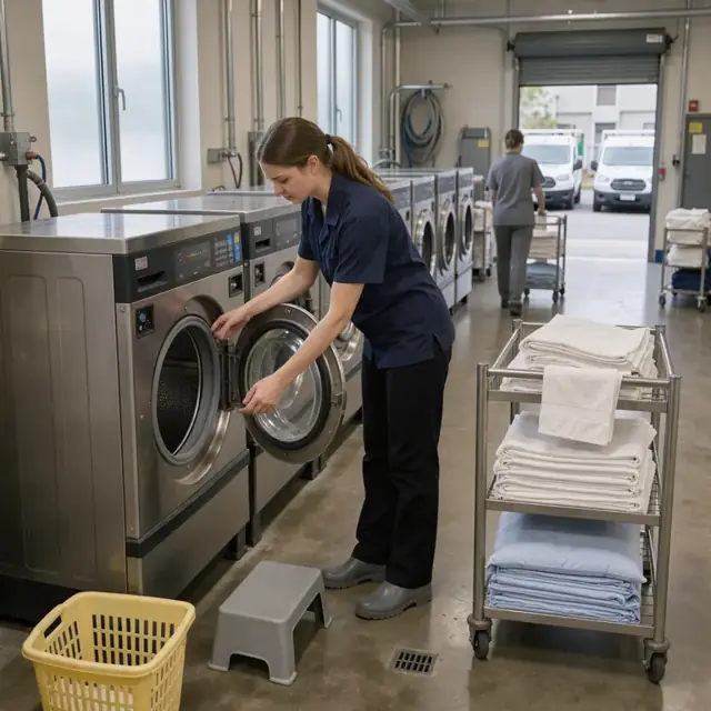 a staff member checking a commercial washing machine with folded linens stacked on a cart in a facility laundry room