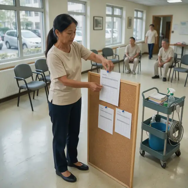 a staff member posting a printed daily schedule on a bulletin board in a residential common area with chairs arranged for group