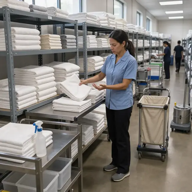 a staff member counting folded linens and towels on shelves in a large housekeeping supply room