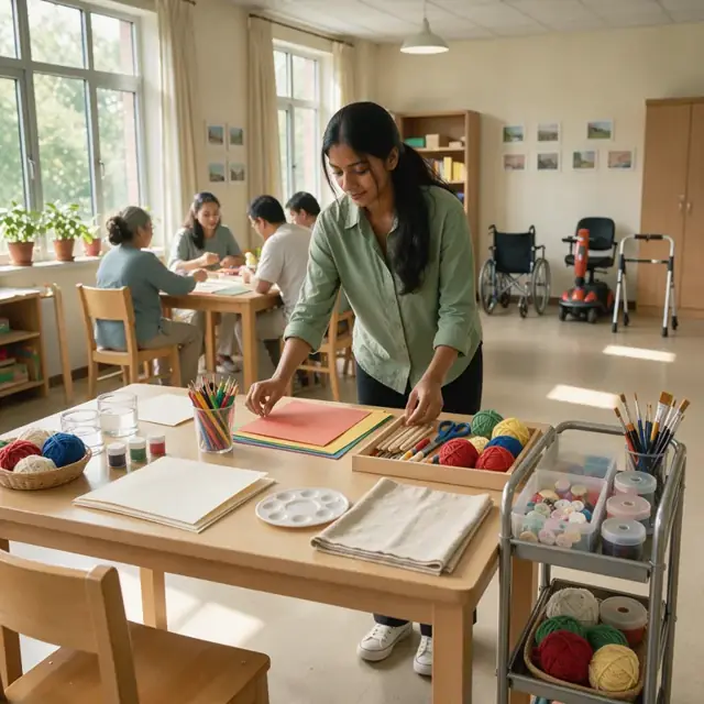 an activities staff member setting up a craft table with supplies in a sunny common room
