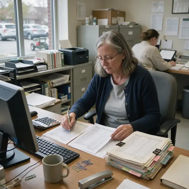 an office worker at a desk reviewing printed resident billing statements next to a stack of care logs