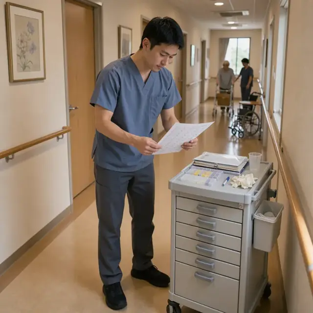 a caregiver reviewing a printed daily assignment sheet while standing at a medication cart in a residential hallway