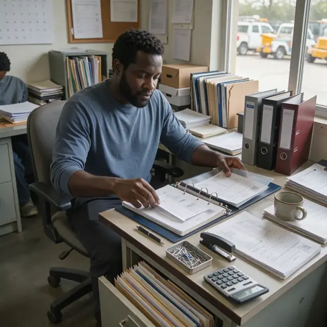 an administrator organizing binders of regulatory paperwork and checklists on a desk in an office