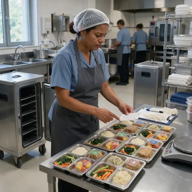 a kitchen worker checking labeled meal tickets against trays of food prepared for residents with dietary restrictions