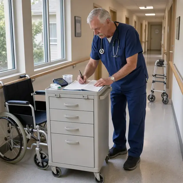 a nurse standing at a medication cart in a quiet hallway reviewing a resident chart and logging vital signs