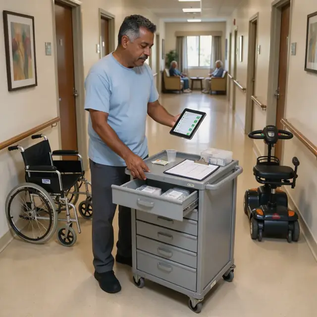 a medication cart in a residential hallway with a clipboard containing a resident's daily log sheet and a digital tablet showing completed tasks